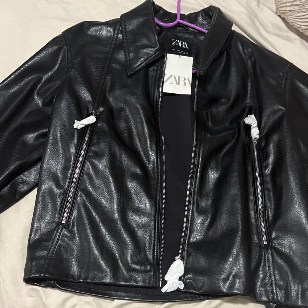ZARA Black Faux Leather Zip-Up Jacket